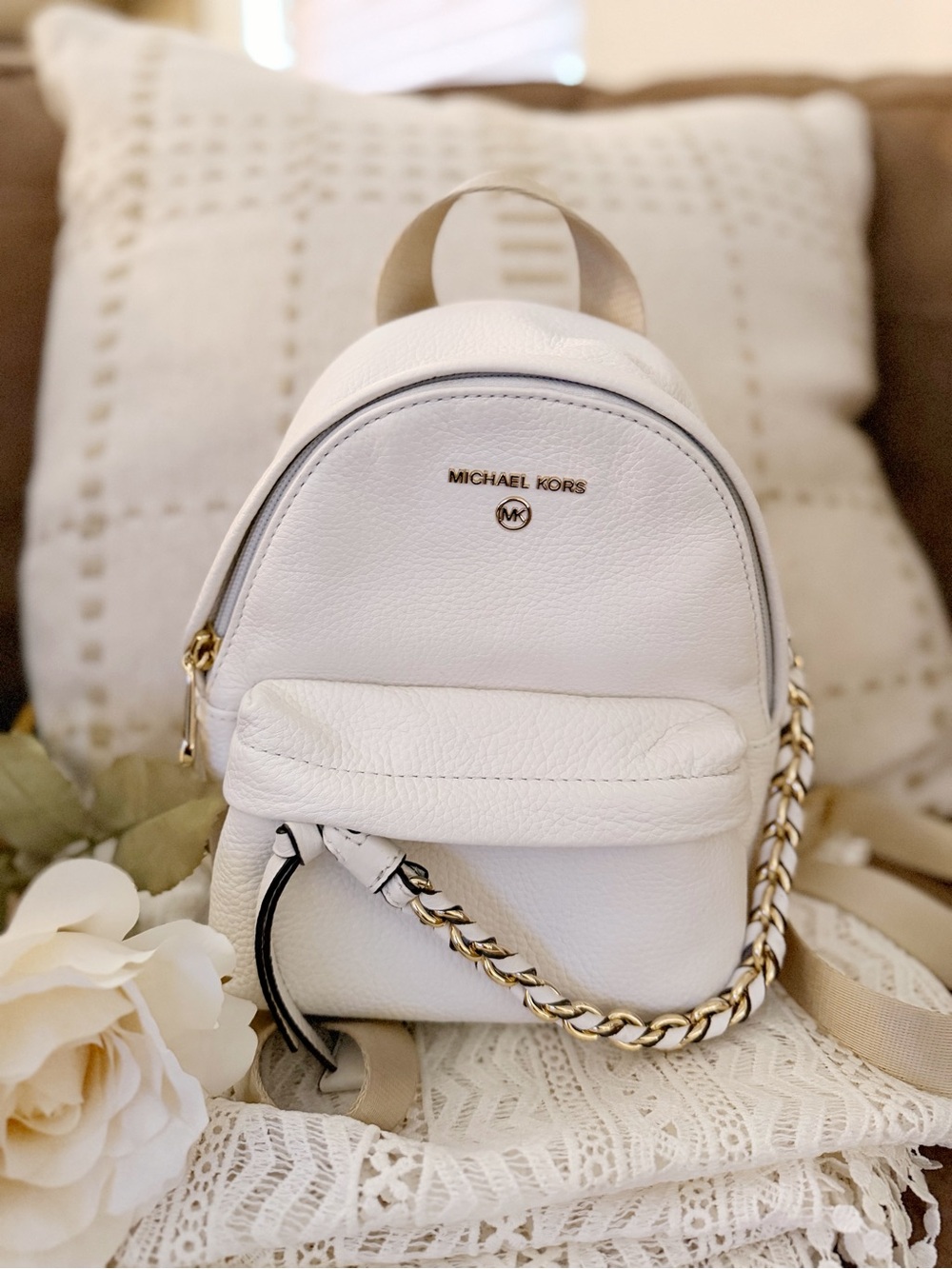 Michael Kors White Pebbled Leather Mini Backpack with Gold Chain Strap